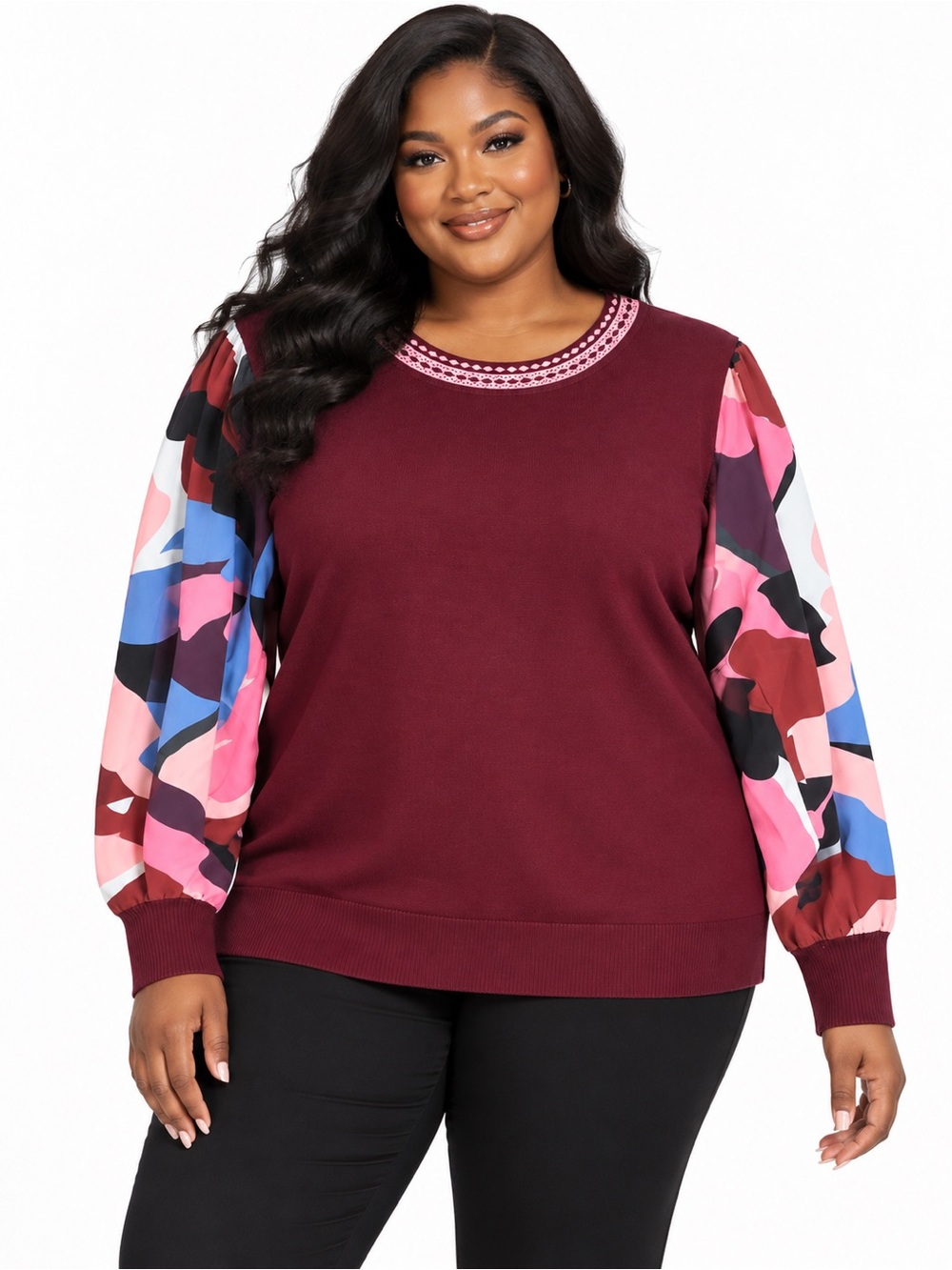Rio & Rian New York Women’s 3X Plus Size Burgundy Knit Top Floral Sleeves